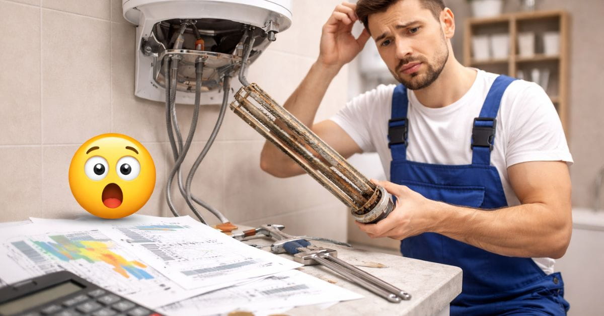 Majstor drži oštećen grejač bojlera prekriven kamencem tokom servisa